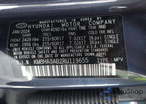 2024 Hyundai Kona Se z USA, uszkodzony, nr VIN KM8HA3AB2RU119655